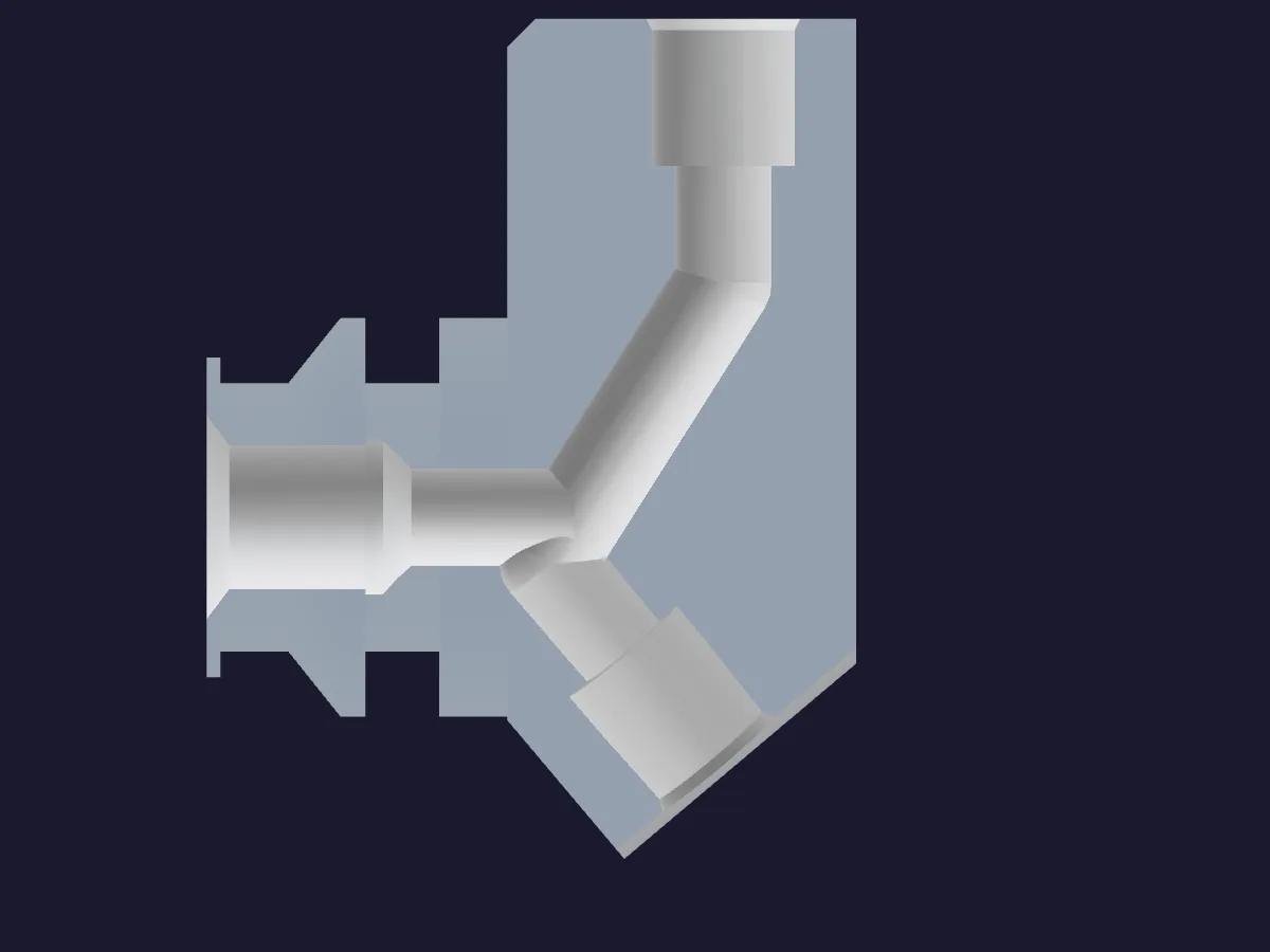 After: Cut through the west outer receiver's passages at X −82.1, looking −X: the pump inlet at left, the upper socket at top, the angled lower socket at bottom right