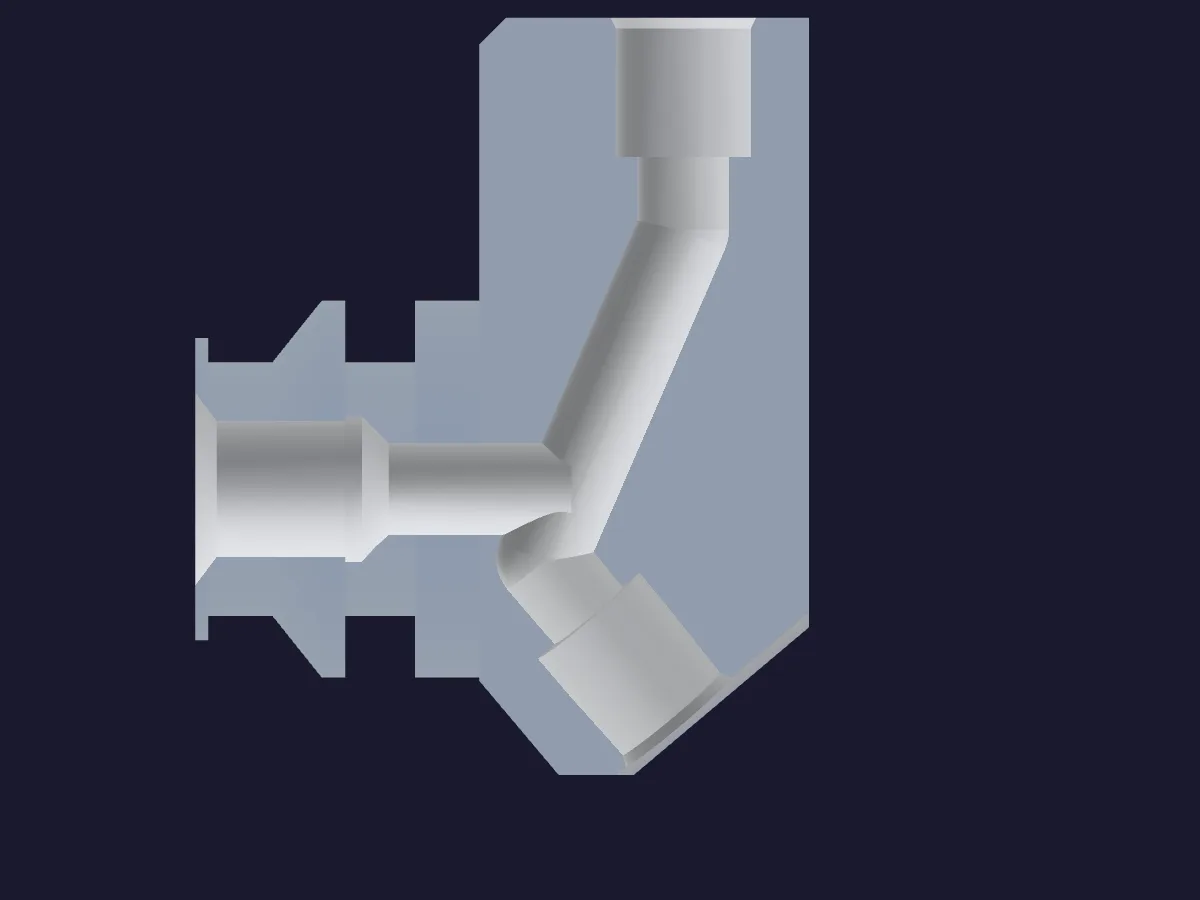 Before: Cut through the west outer receiver's passages at X −82.1, looking −X: the pump inlet at left, the upper socket at top, the angled lower socket at bottom right