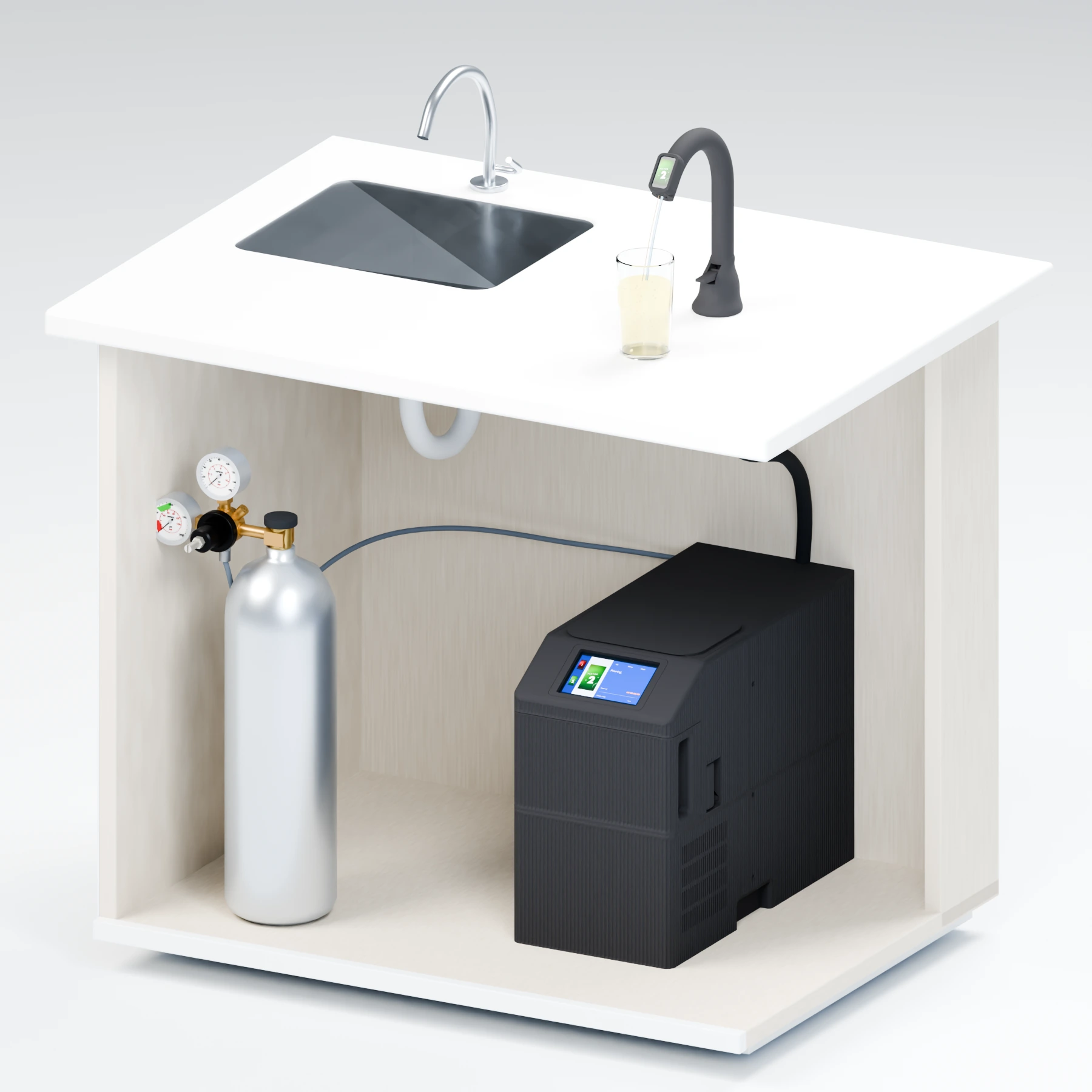 Design illustration of a kitchen with a dedicated soda faucet pouring into a glass above the counter, connected to the soda machine and CO₂ cylinder inside the cabinet below. The ordinary sink faucet is separate.