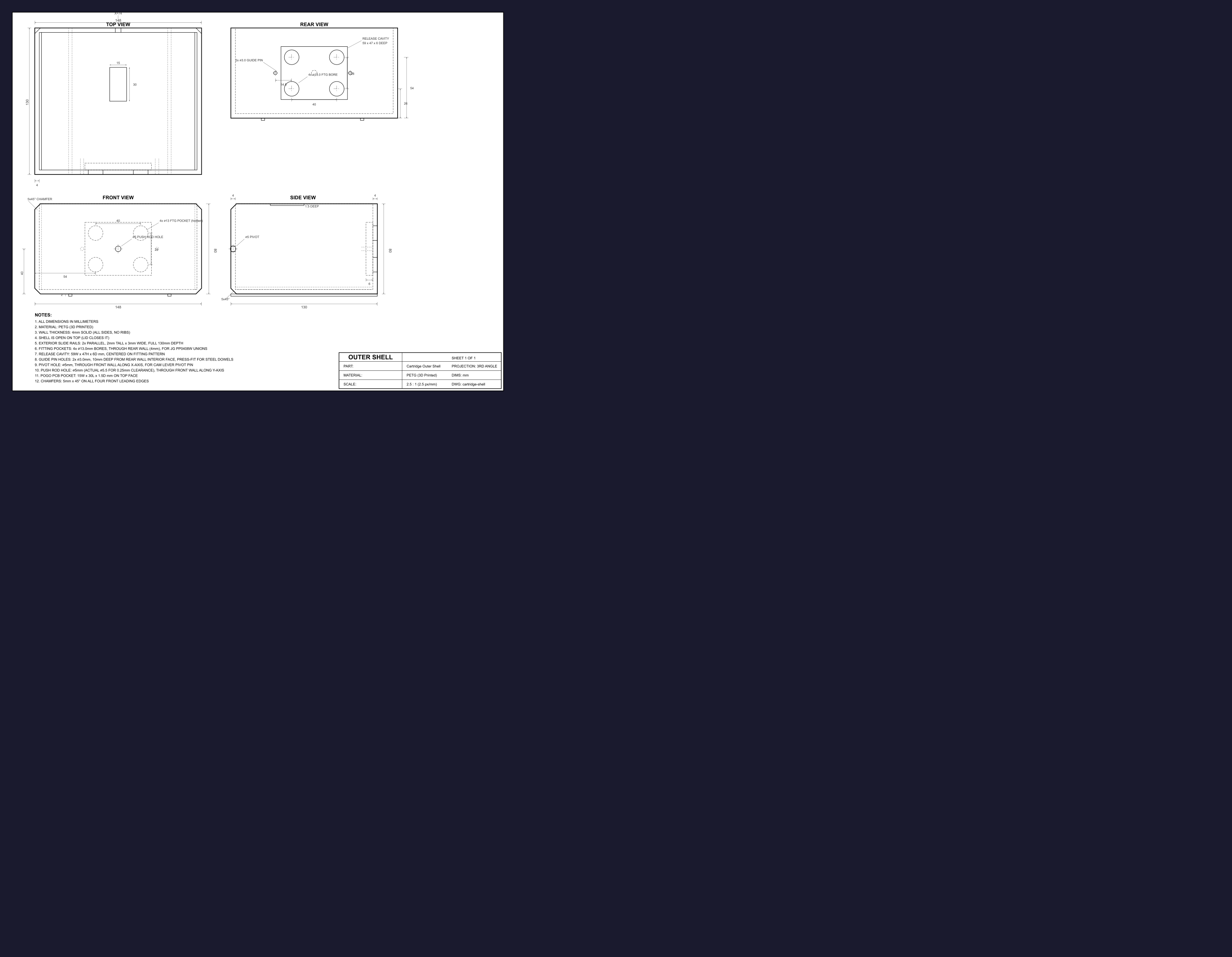cartridge shell engineering drawing — one of the eight parts that got drawings today