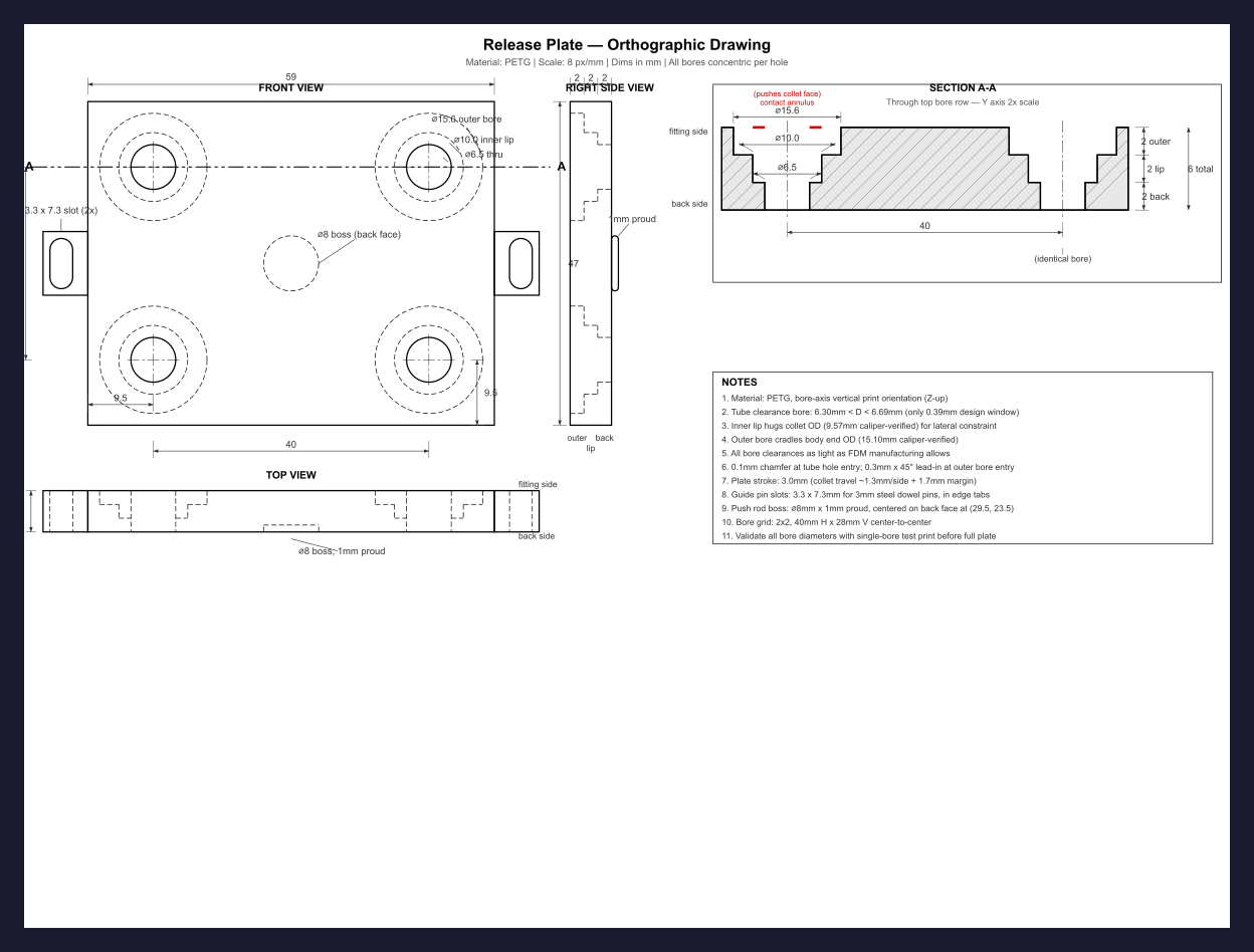 release plate orthographic drawing — front, top, side, and section views