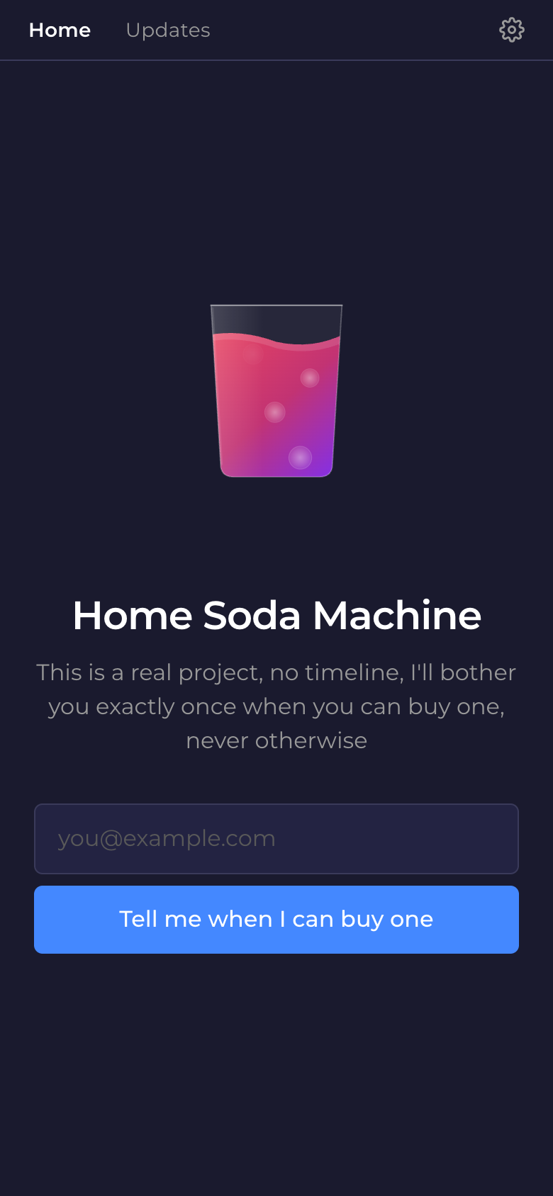 Landing page in Montserrat with the new buy-one button and a gear icon for the settings page
