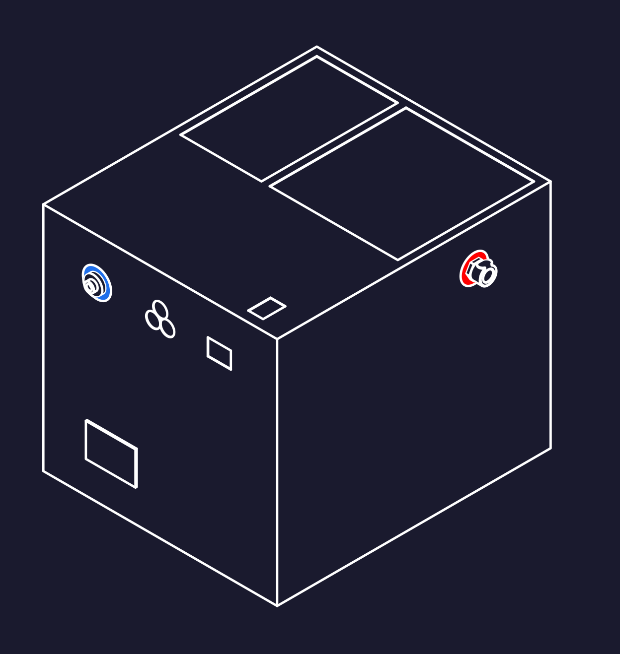 enclosure iso line-art with the water inlet marked in blue on the back panel