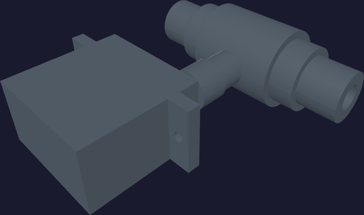 servo-actuated ball valve packaging mock — micro servo coupled to a plastic ball valve on the stem axis