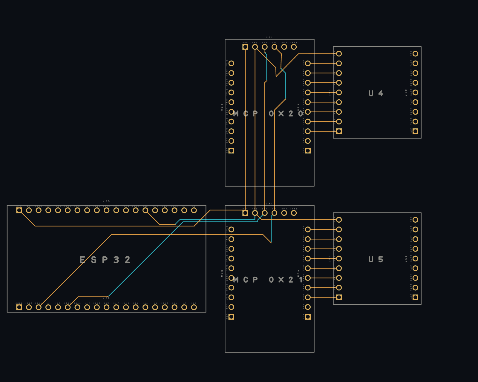 the controller board — an ESP32 socket, two I/O-expanders, and driver chips routed with silkscreen labels