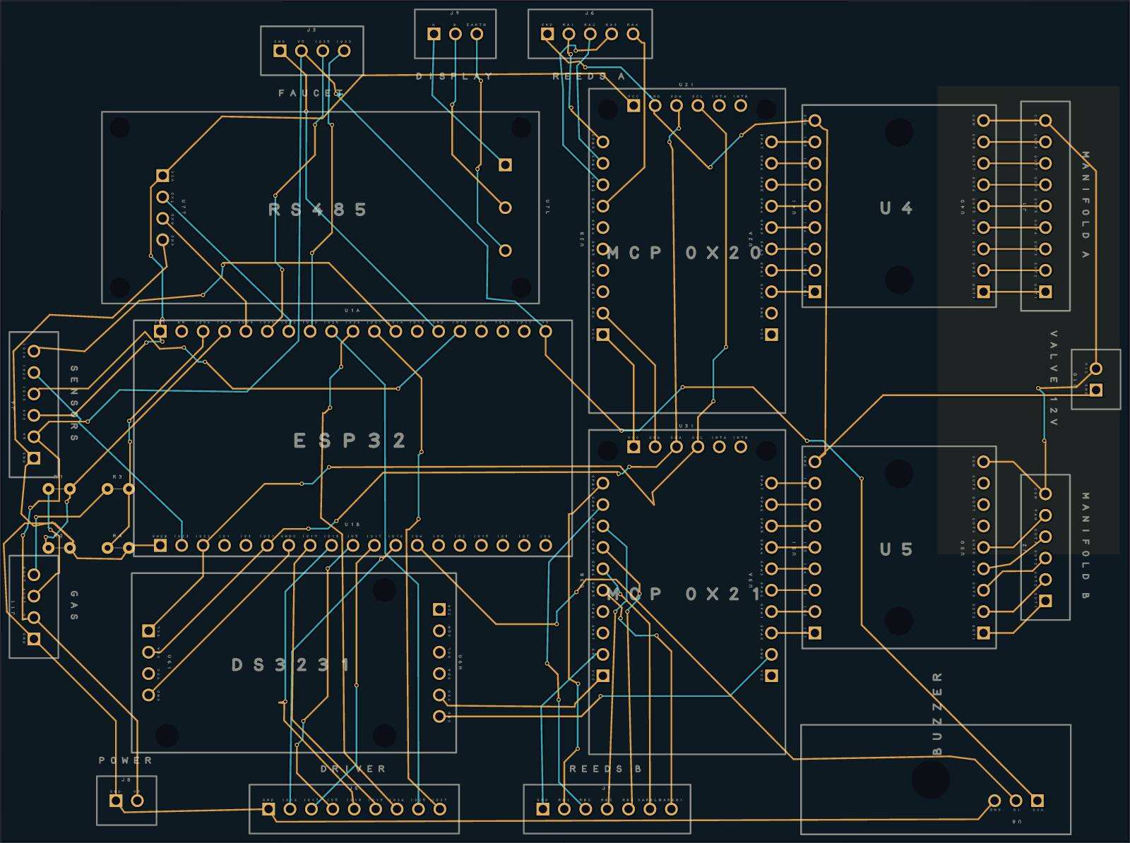 the controller board — fully wired, with a 12-volt copper pour over the valve block