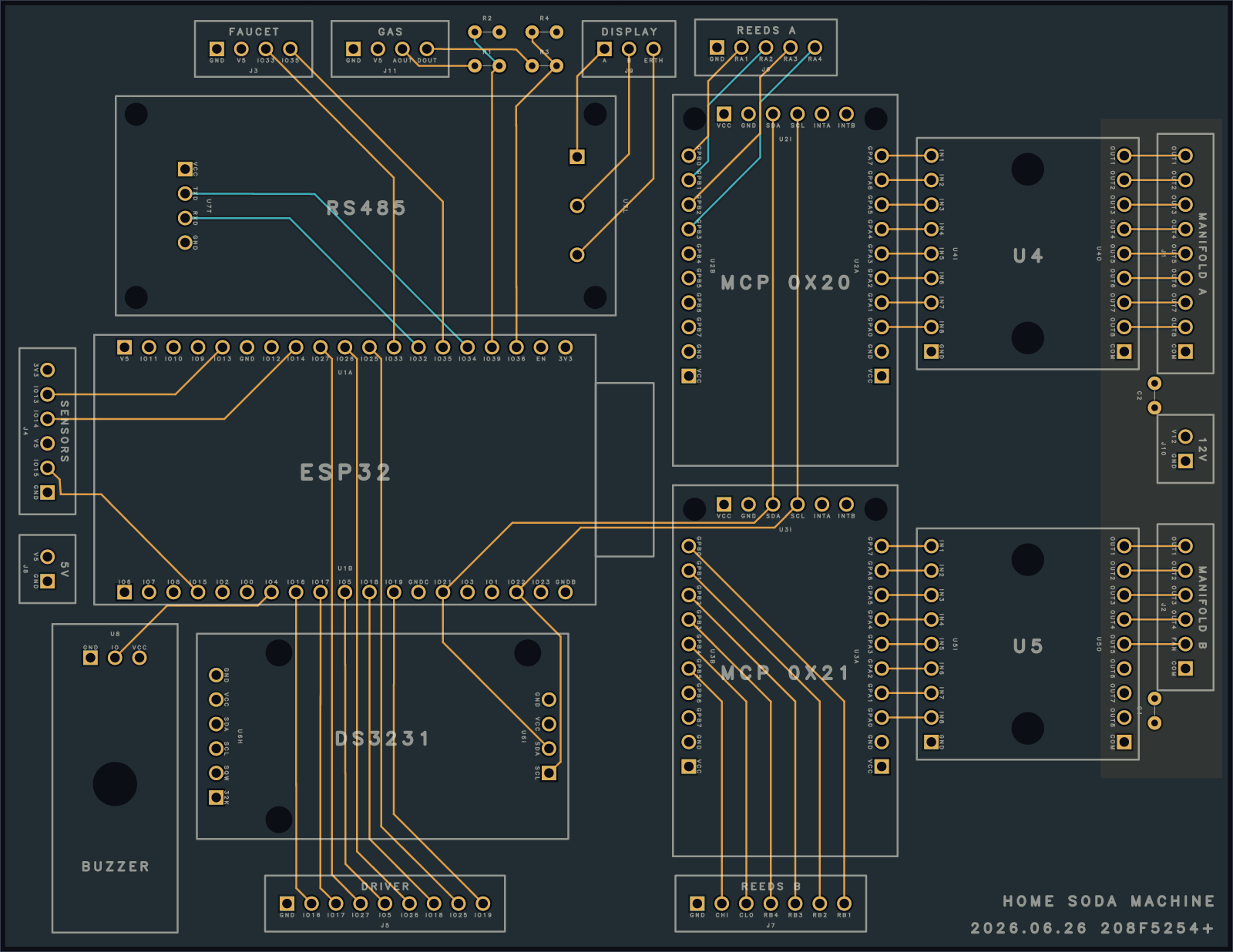 the controller board — routed via-free on four layers, with a silkscreen nameplate