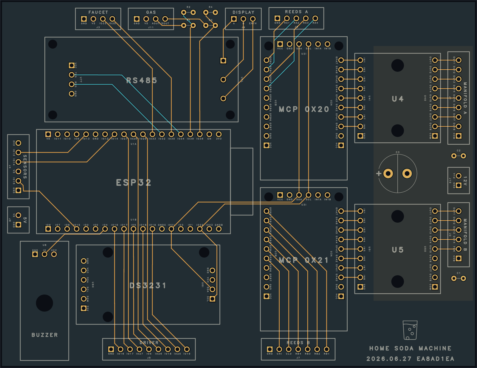 the controller board — routed and named, with a soda-glass logo, as ordered for fabrication