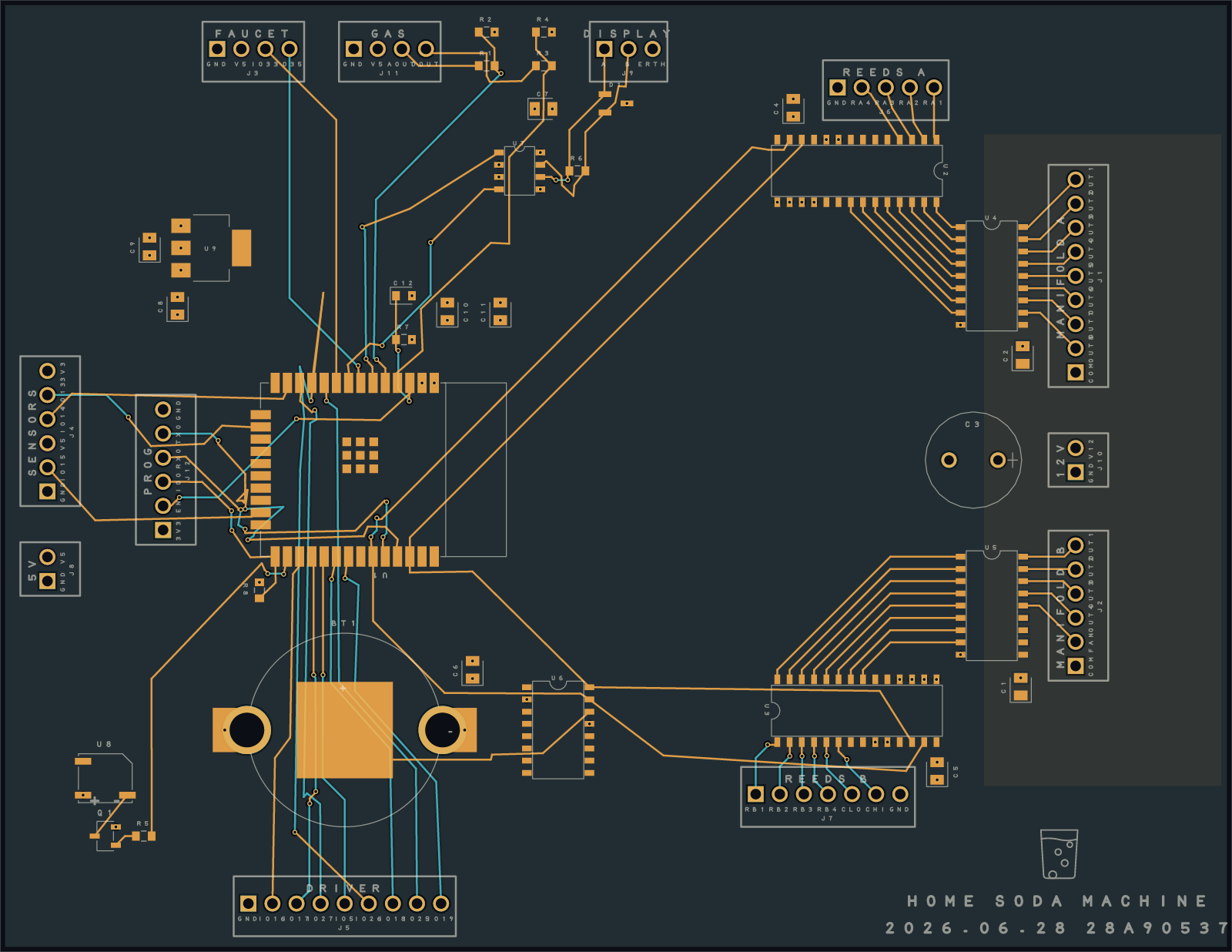 the surface-mount controller board — a bare ESP32 chip and catalog parts, with the brand nameplate