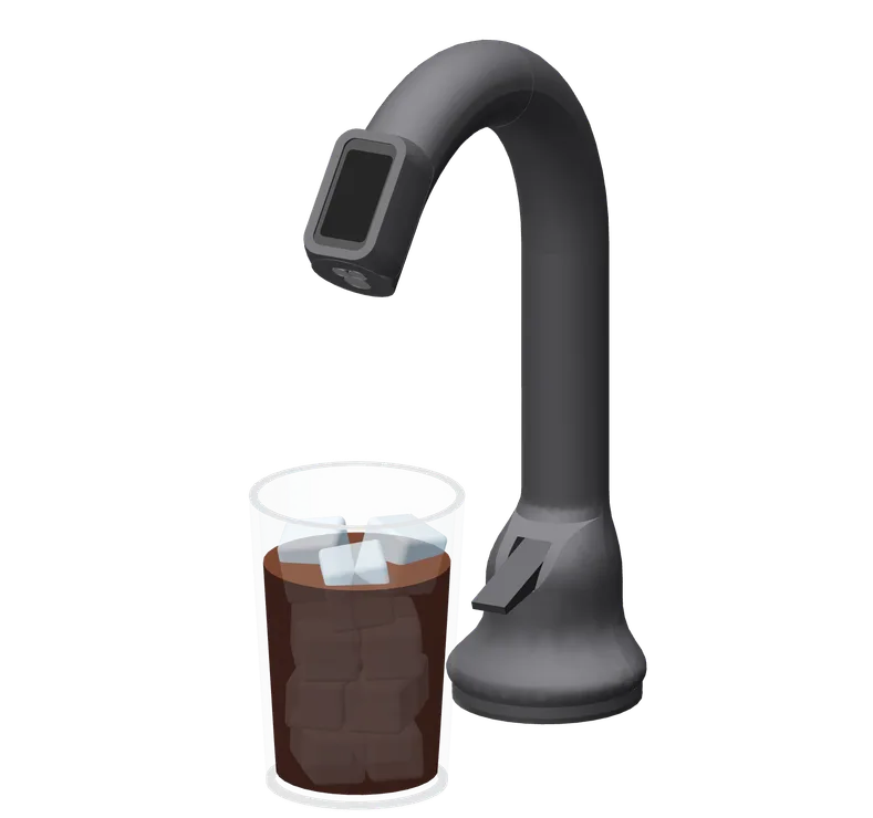 The soda faucet beside a glass of soda and ice