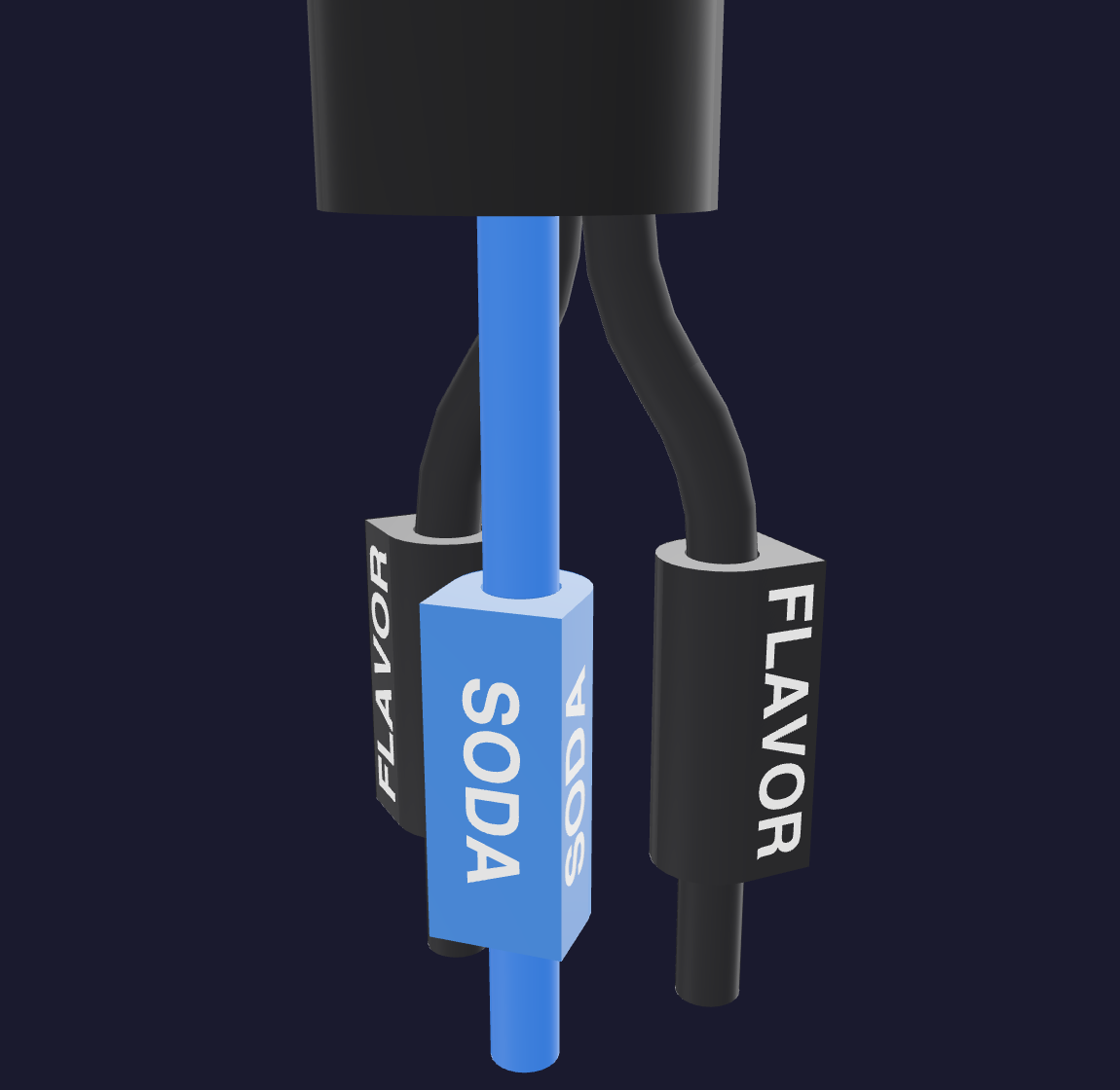 The umbilical's terminated end: the braid lets go, the three tubes splay apart, and each bare tail wears its own collar with its flag turned outward.