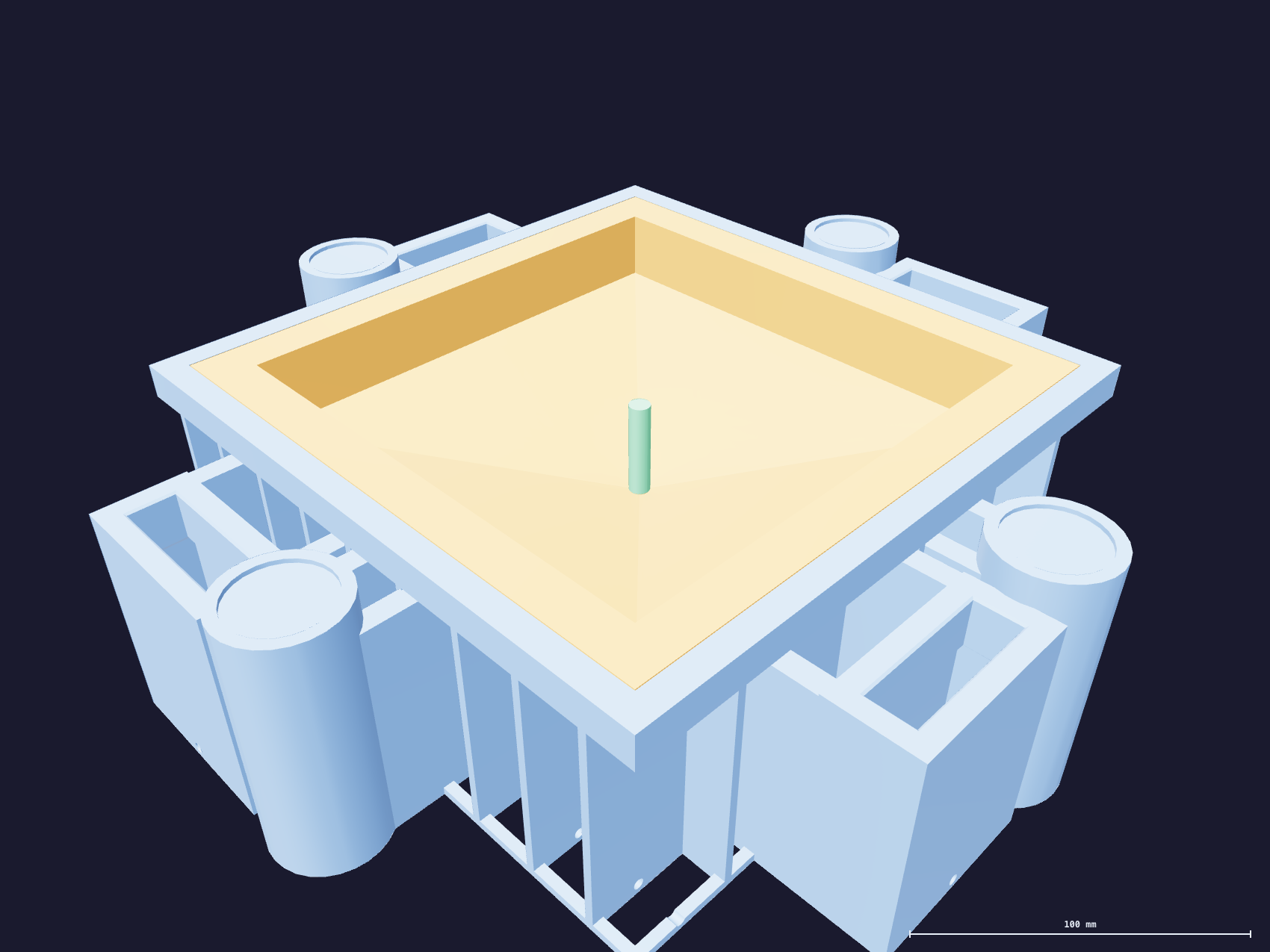 A cut through the closed mold: the cast funnel lying in the cavity with the steel rod standing in its spout.