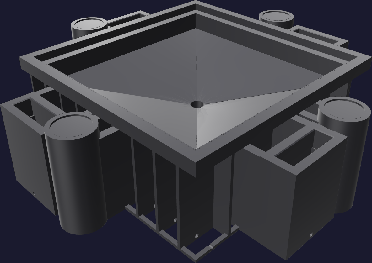 The cavity half, off the bed. The forming skin falls from the registration band to the blind spout pocket at its centre; the four round columns carry the washer seats and the four rectangular towers take the core's guide blades.