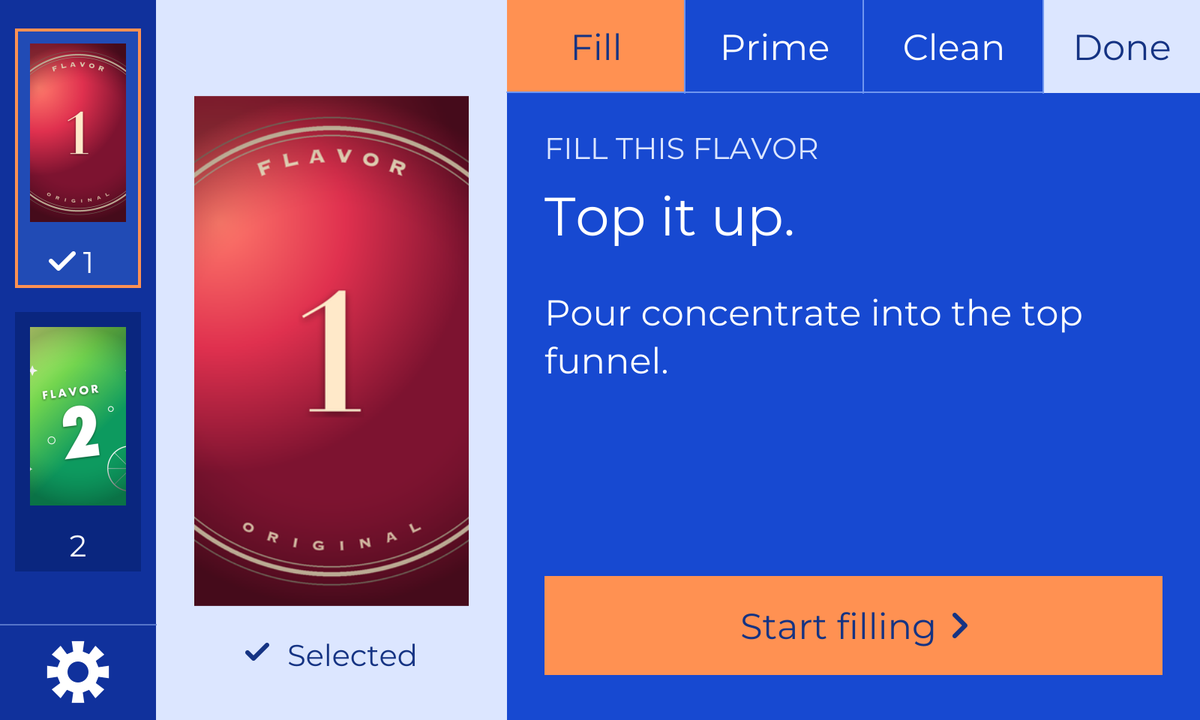 The machine display's Fill page in the new colors, as the install guide draws it.